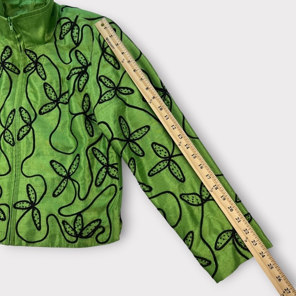 VINTAGE 90s Anage 100% Silk Women Jacket Blazer Embroider Green Christmas SMALL - Picture 14 of 16